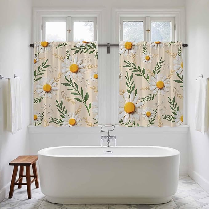 Spring Daisy Kitchen Curtains, Country Watercolor Flower Leaf Plant Light Filtering Window Curtain Panels, 2Pcs Rod Pocket Window Treatments Set for Study Room Bathroom Bedroom 52x54 Inches