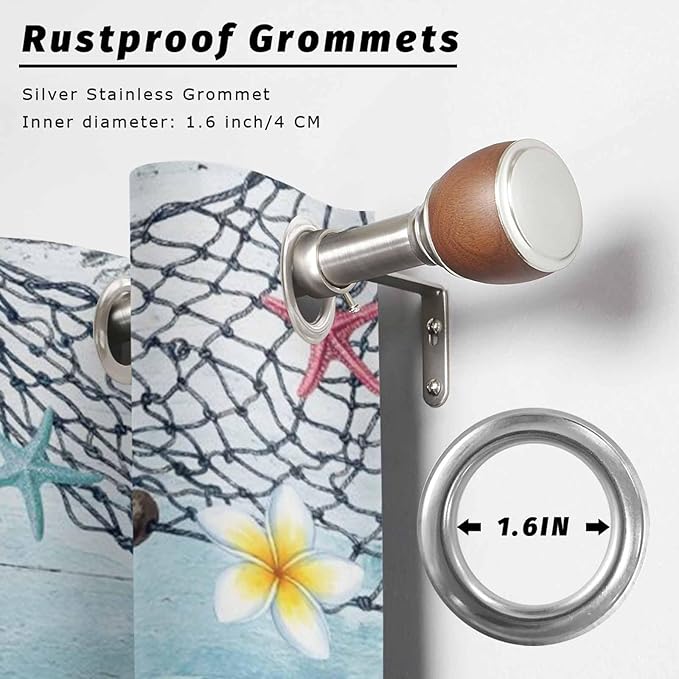 Ocean Gnome Outdoor Curtains for Patio Summer Marine Plumeria Shell Wood Blue Waterproof Outside Curtains with Grommet Top Weatherproof Curtain for Cabana Pergola Gazebo, 2 Pack, 54" W x 108" L