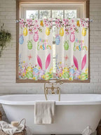 Happy Easter Tier Curtains 45 Inches Long, Spring Farmhouse Bunny Eggs Flower Beige Window Treatment Curtain Drapes, Window Half Privacy Curtains for Bedroom Bathroom, 42"x45", 2 Panels