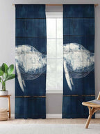 Sheer Curtains 96 Inches Long, Summer Whale Semi Sheer Curtains Light Filtering Window Treatment, Ocean Watercolor Wooden Grain Blue Privacy Voile Drapes for Living Room Bedroom 52x96 Inch
