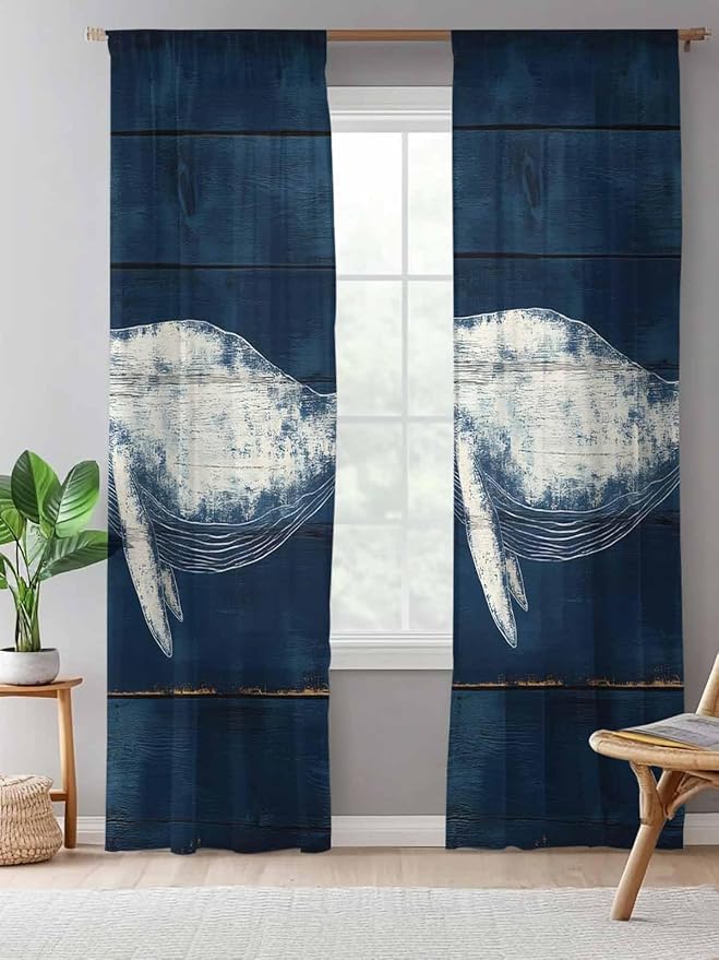 Sheer Curtains 108 Inches Long, Summer Whale Semi Sheer Curtains Light Filtering Window Treatment, Ocean Watercolor Wooden Grain Blue Privacy Voile Drapes for Living Room Bedroom 52x108 Inch