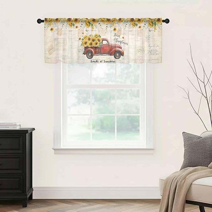 Farmhouses Sunflowers Sheer Valance Curtains, Retro Floral Leaves Red Truck Vintage Light Filtering Kitchen Valances Rod Pocket Voile Curtain Window Treatment for Bedroom/Living Room/Basement 42Wx18L