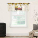Farmhouses Sunflowers Sheer Valance Curtains, Retro Floral Leaves Red Truck Vintage Light Filtering Kitchen Valances Rod Pocket Voile Curtain Window Treatment for Bedroom/Living Room/Basement 42Wx18L