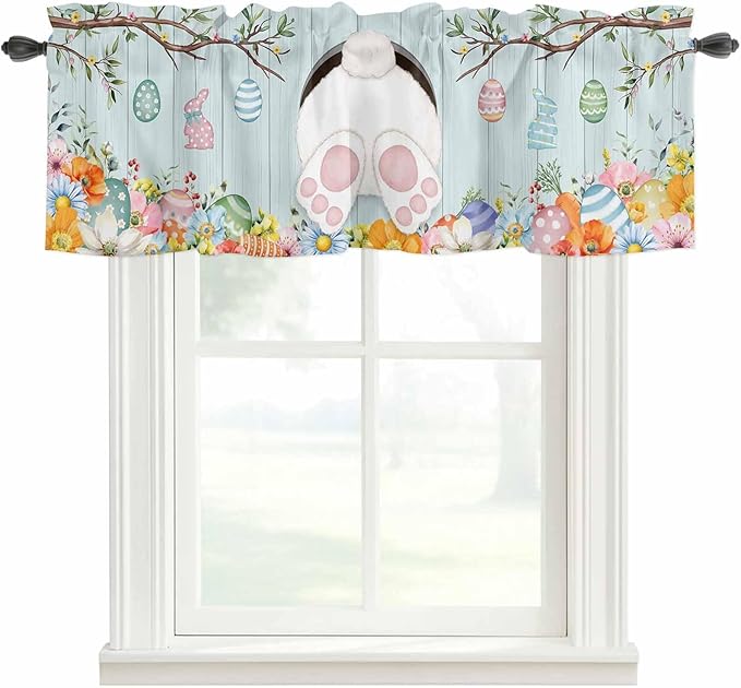Easter Bunny Curtain Valances for Windows, Kitchen Valance Window Treatment, Easter Eggs Spring Farmhouse Wood Grain Teal Blue Light Filter Block Curtains for Bathroom/Bedroom/Living Room 60'' x 18''