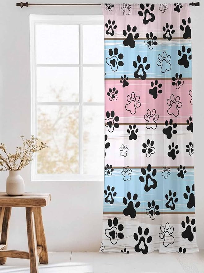 Sheer Curtains 108 Inches Long, Pink Blue Paw Print Semi Sheer Curtains Light Filtering Window Treatment, Vintage Farmhouse Wooden Grain Privacy Voile Drapes for Living Room Bedroom 52x108 Inch