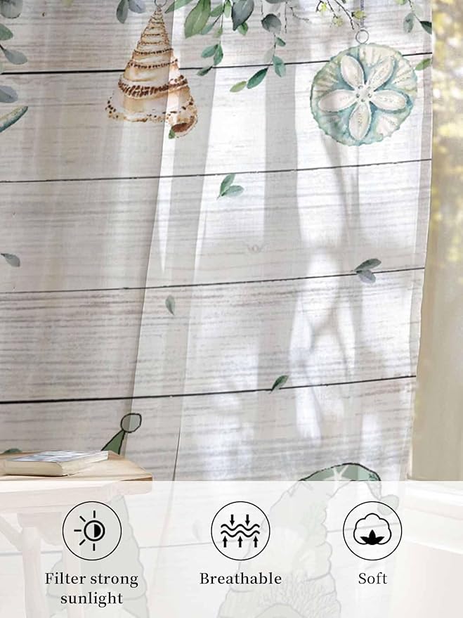 Sheer Curtains 54 Inch Length, Coastal Eucalyptus Leaf Semi Sheer Curtains Light Filtering Window Treatment, Sage Green Gnomes Starfish Privacy Voile Drapes for Living Room Bedroom 52x54 Inch