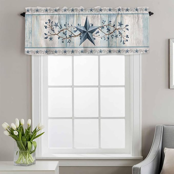 Blue Texas Star Valances for Windows, Vintage Star Berry Blue Beige Wood Grain Kitchen Valance Light Filtering Rod Pocket Short Curtains for Kitchen Bathroom, 1 Panel, 42"x12"