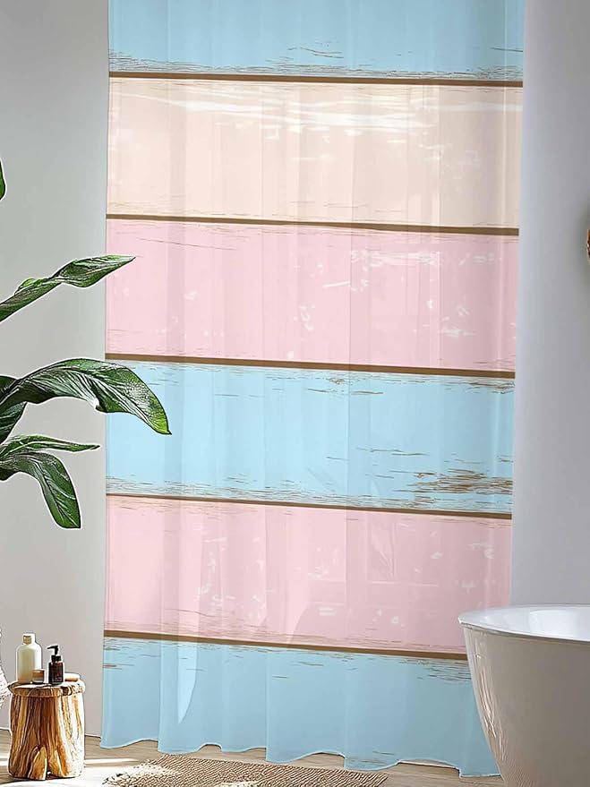 Sheer Curtains 108 Inches Long, Pink Blue Wood Grain Semi Sheer Curtains Light Filtering Window Treatment, Farmhouse Country Shabby Striped Privacy Voile Drapes for Living Room Bedroom 52x108 Inch