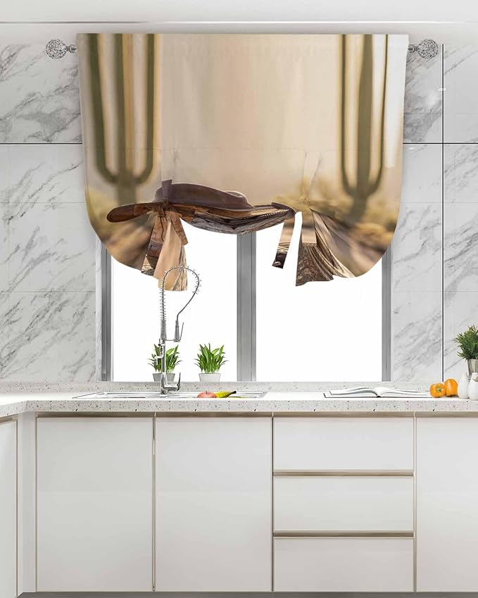 Tie Up Curtains for Windows, Cowboy Western Adjustable Balloon Nature Linen Textured Kitchen Curtain, Cowboy Hats Boots Desert Cacti Vintage Thermal Insulated Curtains for Window, 42" x 54"