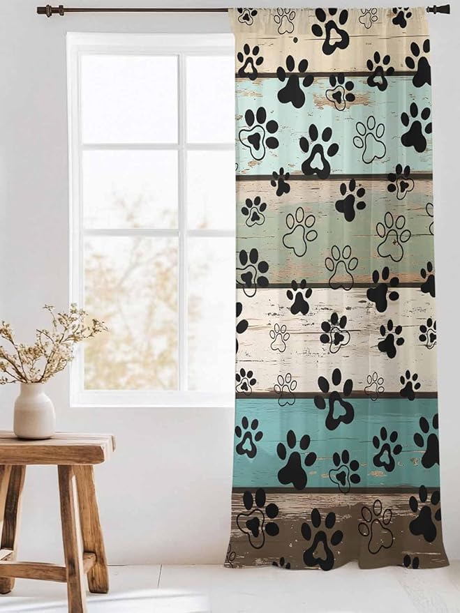 Sheer Curtains 96 Inches Long, Sage Green Brown Paw Prints Semi Sheer Curtains Light Filtering Window Treatment, Vintage Farmhouse Wooden Grain Privacy Voile Drapes for Living Room Bedroom 52x96 Inch