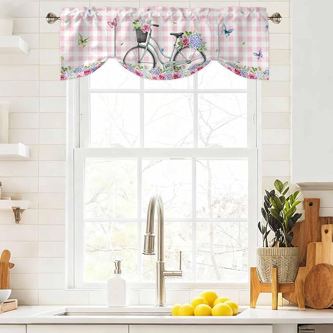 Spring Tie Up Valance Curtains for Windows, Kitchen Curtains Window Shades, Bicycles Leaves Butterfly Flowers Pink Buffalo Plaid Light Filtering Curtain Valances for Bedroom/Bathroom/Cafe 54"x18"
