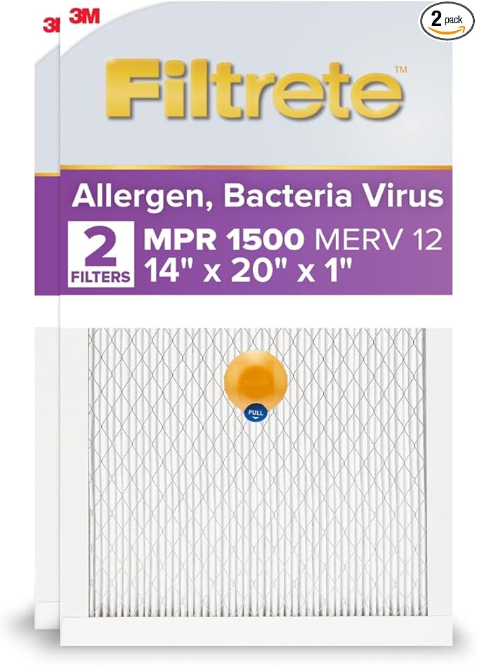 Filtrete 14x20x1 AC Furnace SMART Air Filter, MERV 12, MPR 1500, Track Filter Life With Bluetooth Enabled Sensor, CERTIFIED asthma & allergy friendly, 2-Pack (Actual Size 13.84x19.84x1.1 in)