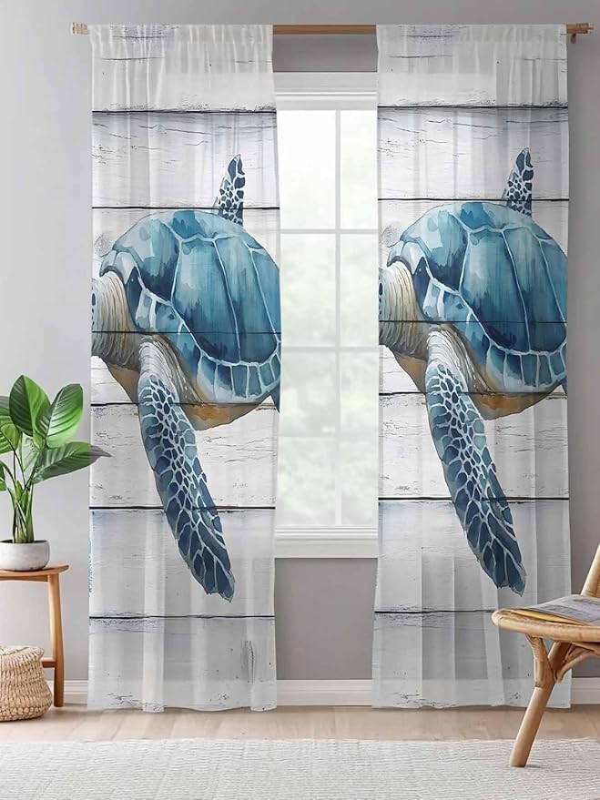 Sheer Curtains 108 Inches Long, Sea Turtle Blue Semi Sheer Curtains Light Filtering Window Treatment, Coastal Ocean Seaweed Wood Grain Privacy Voile Drapes for Living Room Bedroom 52x108 Inch