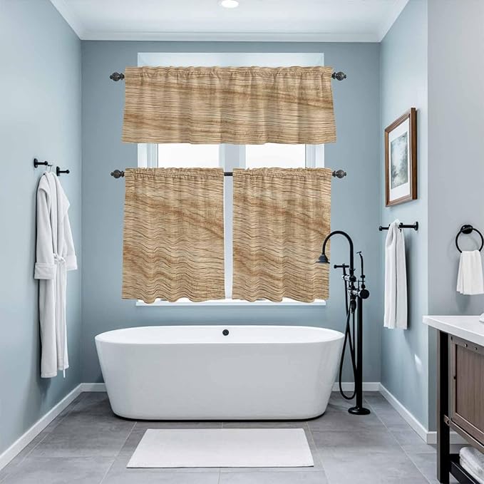 Kitchen Curtains Tiers and Valance Set of 3, Country Farmhouse Light Filtering Window Curtain Set, Vintage Brown Wooden Grain Rod Pocket Curtain Drapes for Cafe, Living Room, 36 Inches Tiers