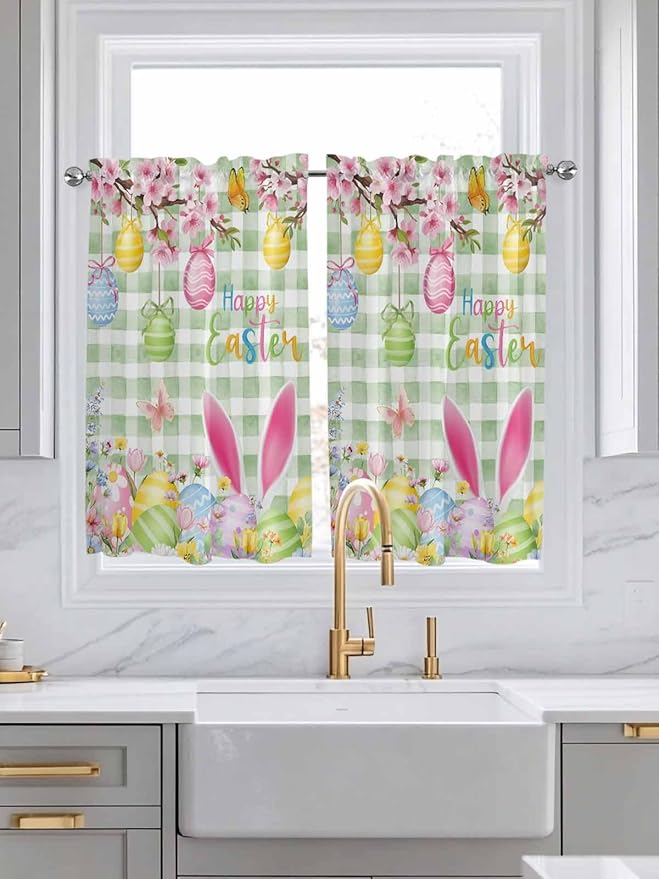 Happy Easter Tier Curtains 45 Inches Long, Spring Bunny Eggs Flower Sage Green Plaid Window Treatment Curtain Drapes, Window Half Privacy Curtains for Bedroom Bathroom, 42"x45", 2 Panels