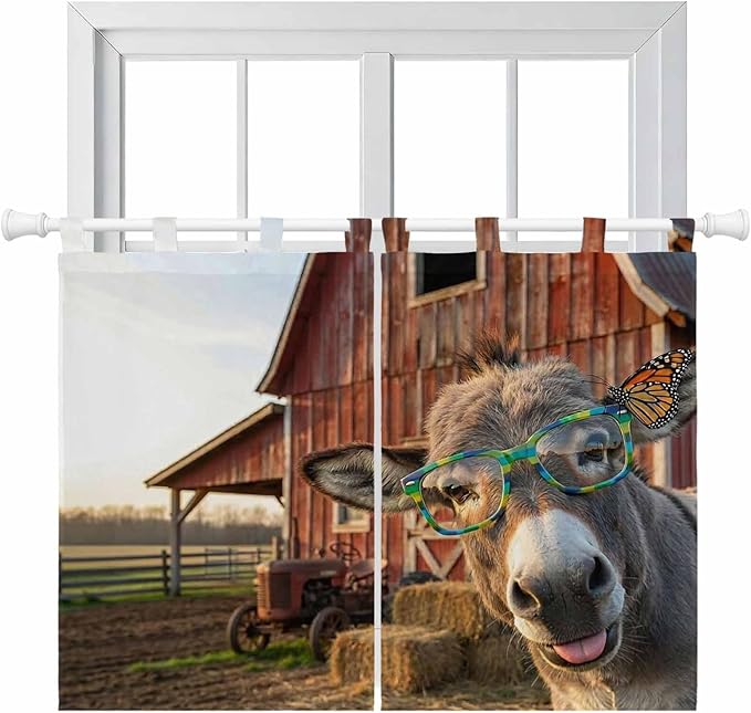 Farm Donkeys Kitchen Curtains 45 Inch Length, Short Cafe Window Curtains Tab Top, Farmhouse Barn Funny Animals Butterfly Light Filtering Window Treatments Tier Drapes 27.5"x45" 2 Panel