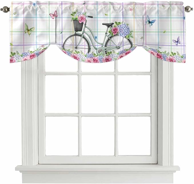Spring Tie Up Valance Curtains for Windows, Kitchen Curtains Window Shades, Bicycles Botanical Leaves Rose Colorful Stripes Light Filtering Roman Curtain Valances for Bedroom/Bathroom/Cafe 42"x18"