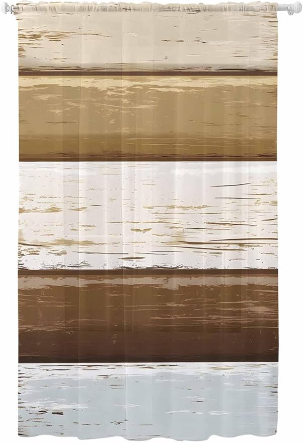 Sheer Curtains 96 Inches Long, Wood Grain Brown Semi Sheer Curtains Light Filtering Window Treatment, Farmhouse Vintage Country Geometric Privacy Voile Drapes for Living Room Bedroom 52x96 Inch