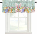Easter Curtain Valances for Windows, Kitchen Valance Window Treatment, Spring Rabbit Ear Eggs Floral Green Wooden Grain Light Filtering Block Curtains for Bathroom/Bedroom/Living Room 54'' x 18''