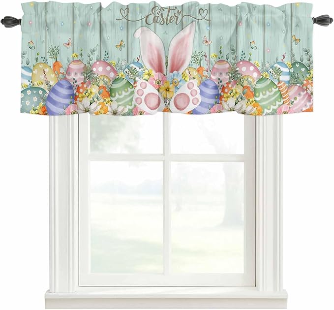 Easter Curtain Valances for Windows, Kitchen Valance Window Treatment, Spring Rabbit Ear Eggs Floral Green Wooden Grain Light Filtering Block Curtains for Bathroom/Bedroom/Living Room 60'' x 18''