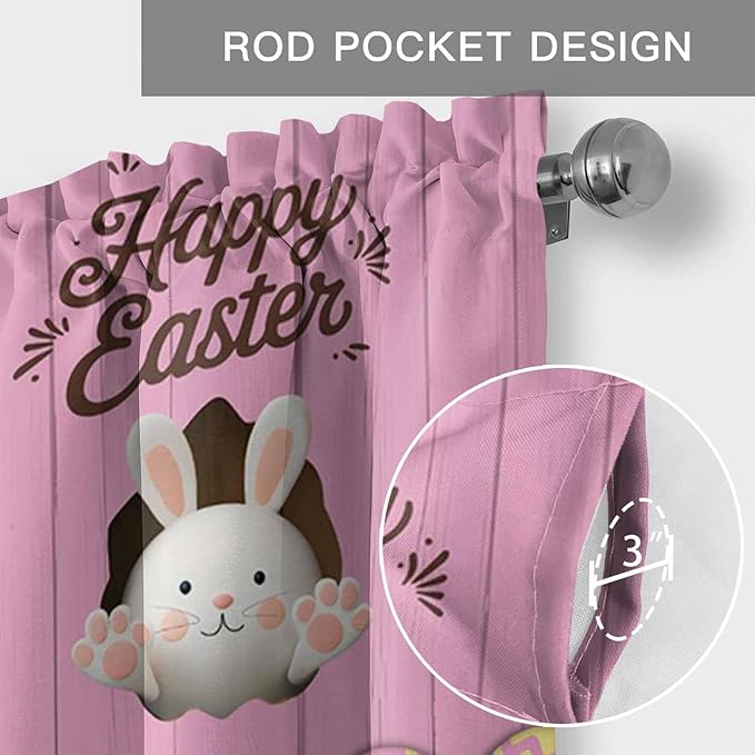 Pink Easter Curtain Valances for Windows, Kitchen Valance Window Treatment, Easter Bunny Eggs Spring Cartoon Farmhouse Wood Grain Light Filter Block Curtains for Bathroom/Bedroom/Living Room 60''x18''