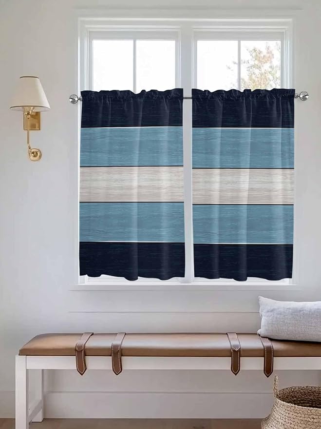 Vintage Country Woodcuts Window Valance Curtains, Blue Gradient Striped Light Filtering Kitchen Valance with 3-inch Rod Pocket for Living Room Bathroom Bedroom,2 Panel,42x54In
