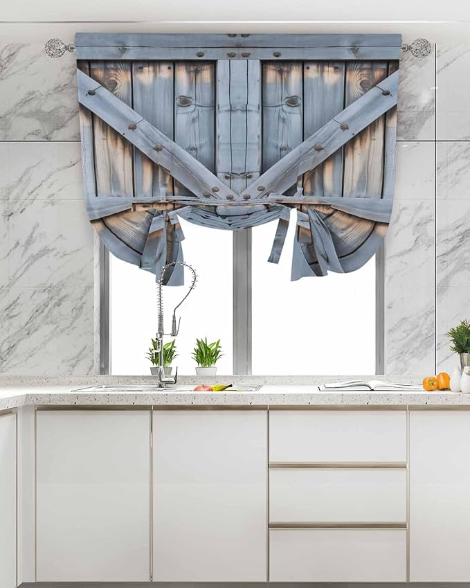 Tie Up Curtains for Windows, Farmhouse Wood Grain Adjustable Balloon Nature Linen Textured Kitchen Curtain, Vintage Country Barn Gate Textured Tie Up Blackout Curtains for Bedroom, 52 x 63 Inches