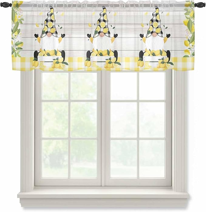 Lemon Dwarfs Sheer Valance Curtains, Gnome Green Leaf Wood Striped Black Plaid Light Filtering Kitchen Valances Rod Pocket Voile Curtain Window Treatment for Bedroom/Living Room/Basement 42Wx12L