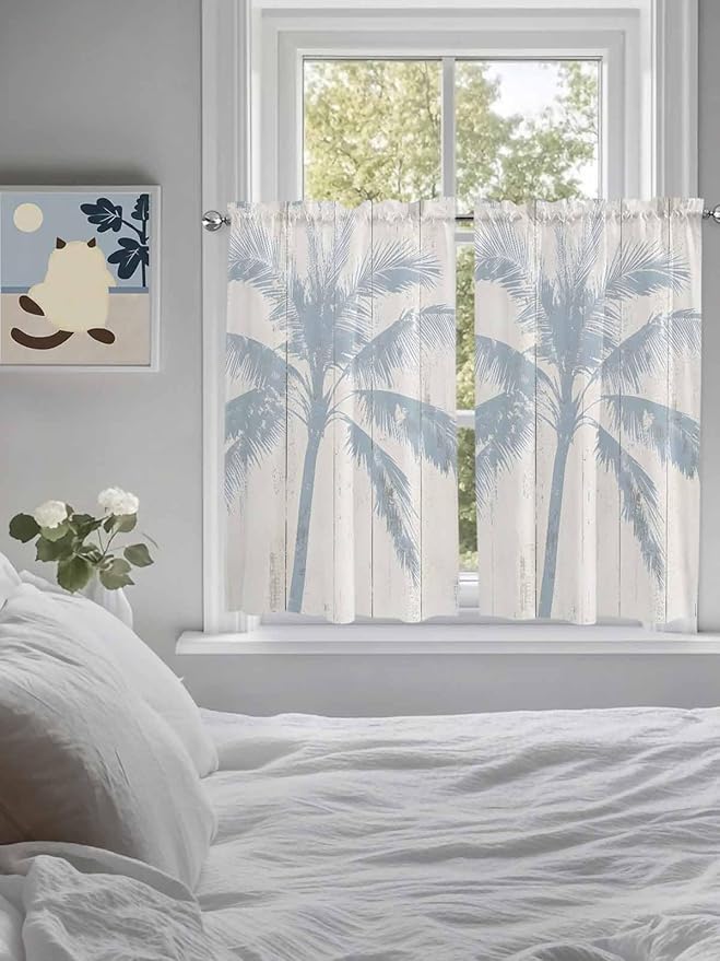 Summer Coconut Tree on Vintage Wood Grain Window Valance Curtains, Seaside Plants Light Filtering Kitchen Valance with 3-inch Rod Pocket for Living Room Bathroom Bedroom,2 Panel,42x54In
