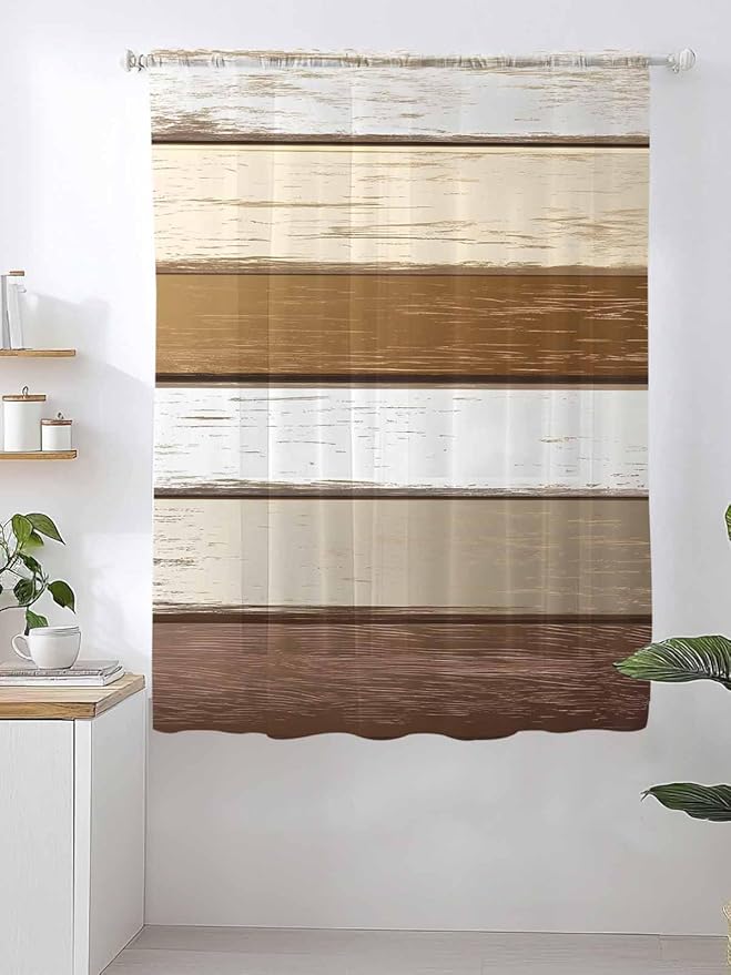 Sheer Curtains 63 Inch Length, Vintage Geometric Brown Semi Sheer Curtains Light Filtering Window Treatment, Farmhouse Country Chic Wood Grain Privacy Voile Drapes for Living Room Bedroom 52x63 Inch