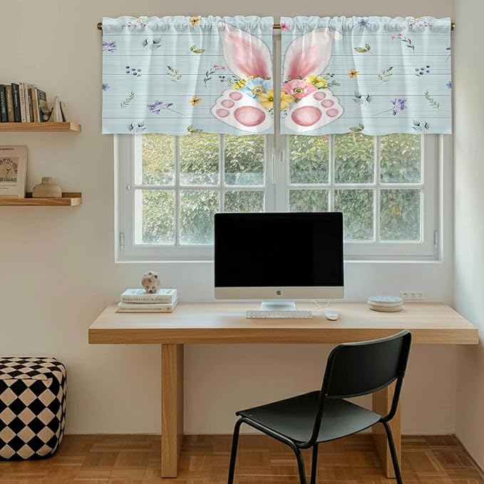 Easter Kitchen Tier Curtains 24 Inch Long 2 Panel Set,Rod Pocket Cafe Small Window Curtains Over Sink,Spring Rabbits Ears Feet Flowers Wooden Grain Light Filtering Short Drapes 27.5"W x 24"L