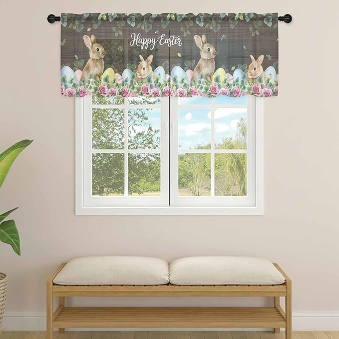 Easter Sheer Valances for Windows 42"x18", Light Filtering Kitchen Curtains Valance, Spring Watercolor Bunny Eggs Flower Leaf Wood Grain Rod Pocket Chiffon Curtains for Living Room Bedroom Cafe