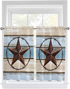 Vintage Western Star on Wood Grain Window Valance Curtains, Retro Wooden Texture Light Filtering Kitchen Valance with 3-inch Rod Pocket for Living Room Bathroom Bedroom,2 Panel,52x54In