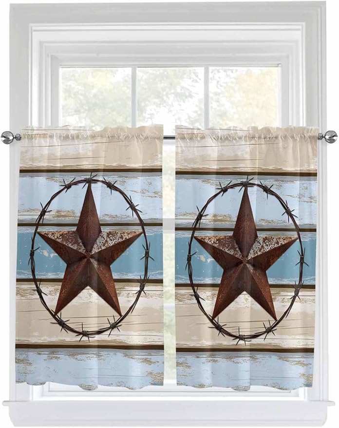 Vintage Western Star on Wood Grain Window Valance Curtains, Retro Wooden Texture Light Filtering Kitchen Valance with 3-inch Rod Pocket for Living Room Bathroom Bedroom,2 Panel,52x54In