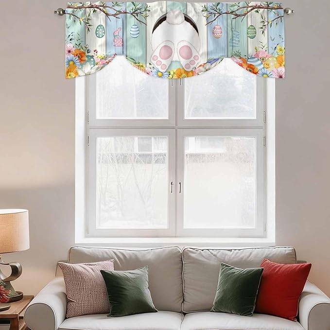 Easter Tie Up Valance Curtains for Windows, Kitchen Curtains Window Shades, Spring Watercolor Bunny Eggs Wood Grain Teal Blue Light Filtering Roman Curtain Valances for Bedroom/Bathroom/Cafe 42"x12"