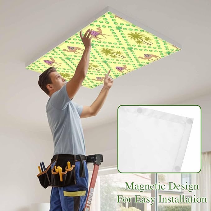 2 Pack Fluorescent Light Cover, Desert Sand Camels Light Covers for Ceiling Lights, Palm Trees Tropical Plants Polka Dot Yellow Magnetic Lights Filters Ceiling Shade for Classroom/Office - 4 x 2 Feet