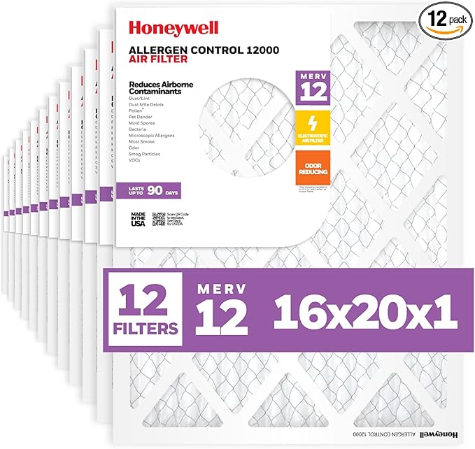 Honeywell 16x20x1 MERV 12 Electrostatic Pleated HVAC AC Furnace Air Filter (12-Pack) | Replacement Filter for Home Use | Made in USA