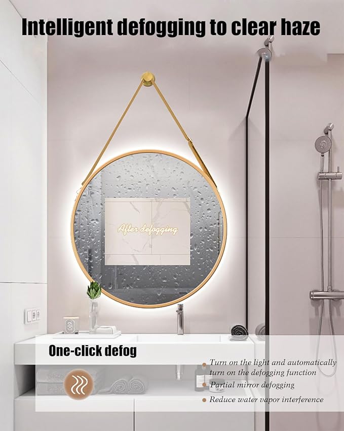 JSLJDM 500X500 mm Illuminated Backlit LED Bathroom Mirror, Wall Mounted Multifunction Bathroom Vanity Mirror with Lights and Demister Pad, Energy-Saving Illuminated Smart Mirror 80cm/31.5in Gold