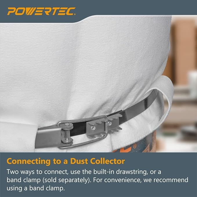 POWERTEC 70426 Dust Collector Bags and Clamp Set | 21" x 31" x 1 Micron Filter Upper Bag with 19-1/8 Inch Band Clamp and 5pc Clear Plastic Dust Collection Bags 20" x 43"