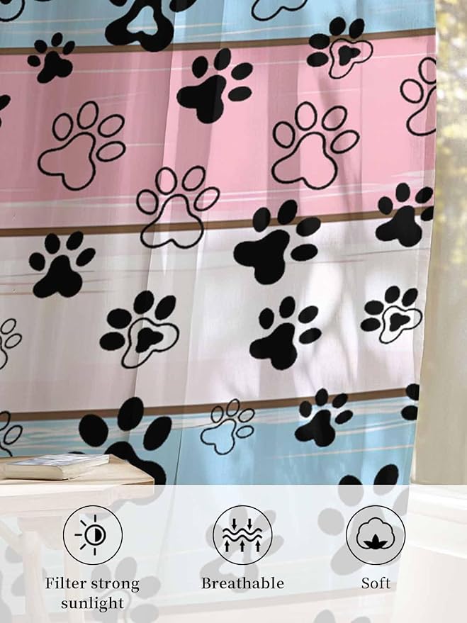 Sheer Curtains 54 Inch Length, Pink Blue Paw Print Semi Sheer Curtains Light Filtering Window Treatment, Vintage Farmhouse Wooden Grain Privacy Voile Drapes for Living Room Bedroom 52x54 Inch