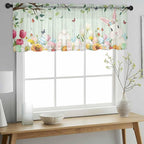 Easter Sheer Valances for Windows 42"x18", Light Filtering Kitchen Curtains Valance, Spring Watercolor Bunny Eggs Tulip Wooden Grain Teal Rod Pocket Chiffon Curtains for Living Room Bedroom Cafe