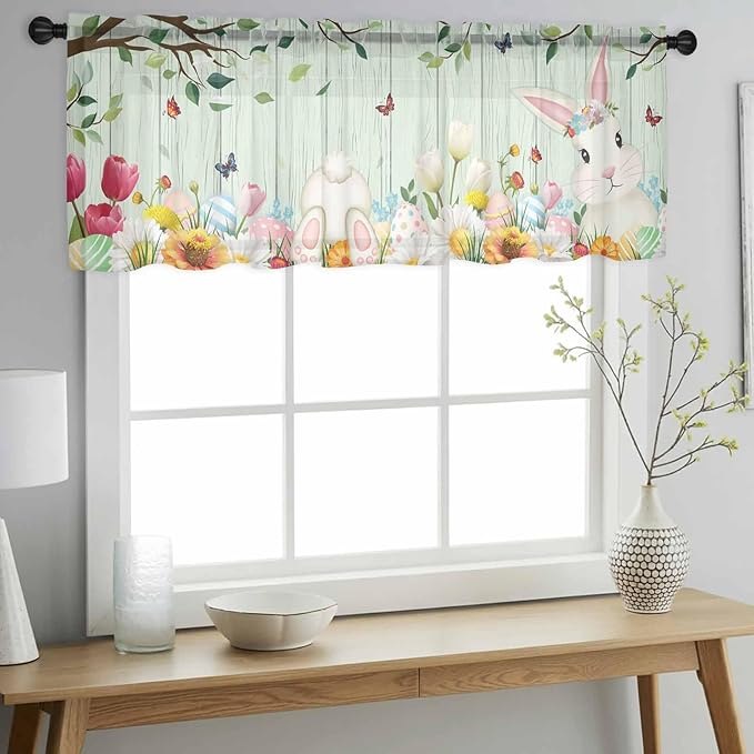 Easter Sheer Valances for Windows 60"x18", Light Filtering Kitchen Curtains Valance, Spring Watercolor Bunny Eggs Tulip Wooden Grain Teal Rod Pocket Chiffon Curtains for Living Room Bedroom Cafe