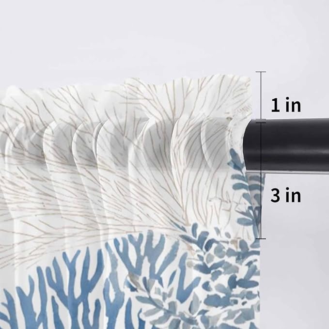Ocean Corals Sheer Valance Curtains, Summer Beach Coral Sea Stars Light Filtering Kitchen Valances Rod Pocket Voile Curtain Window Treatment for Bedroom/Living Room/Basement 42Wx12L