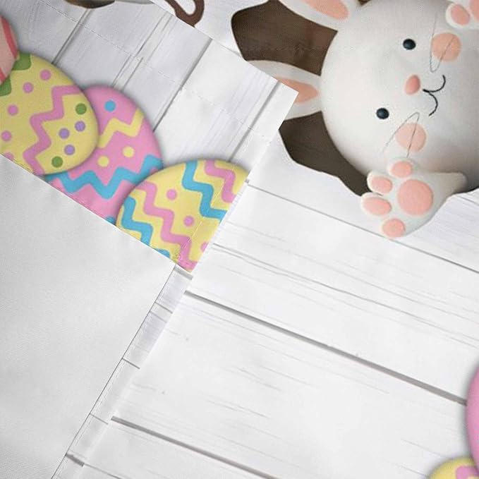 Grey Easter Curtain Valances for Windows, Kitchen Valance Window Treatment, Spring Cartoon Bunny Colorful Eggs Wood Grain Light Filtering Block Curtains for Bathroom/Bedroom/Living Room 42'' x 18''