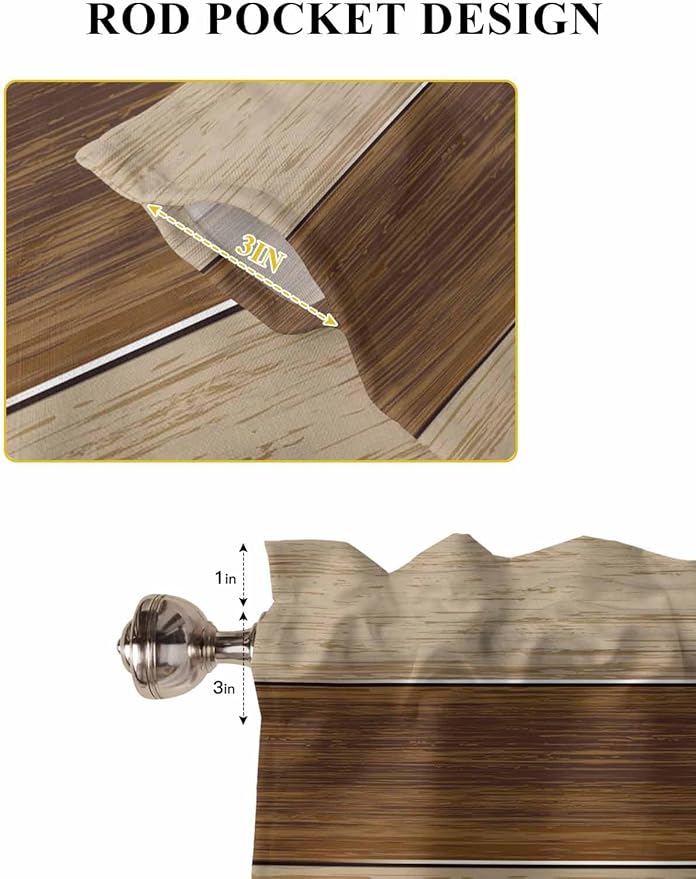Retro Country Brown Wooden Board Window Valance Curtains, Farmhouse Gradient Plank Light Filtering Kitchen Valance with 3-inch Rod Pocket for Living Room Bathroom Bedroom,2 Panel,52x54In