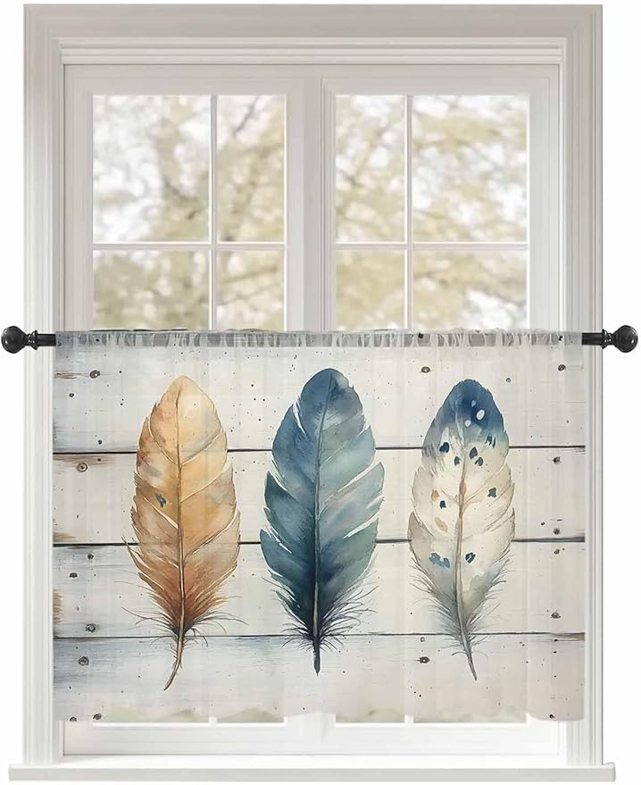 Sheer Curtains 54 Inch Length, Boho Blue Feathers Semi Sheer Curtains Light Filtering Window Treatment, Country Vintage Wooden Grain Privacy Voile Drapes for Living Room Bedroom 52x54 Inch
