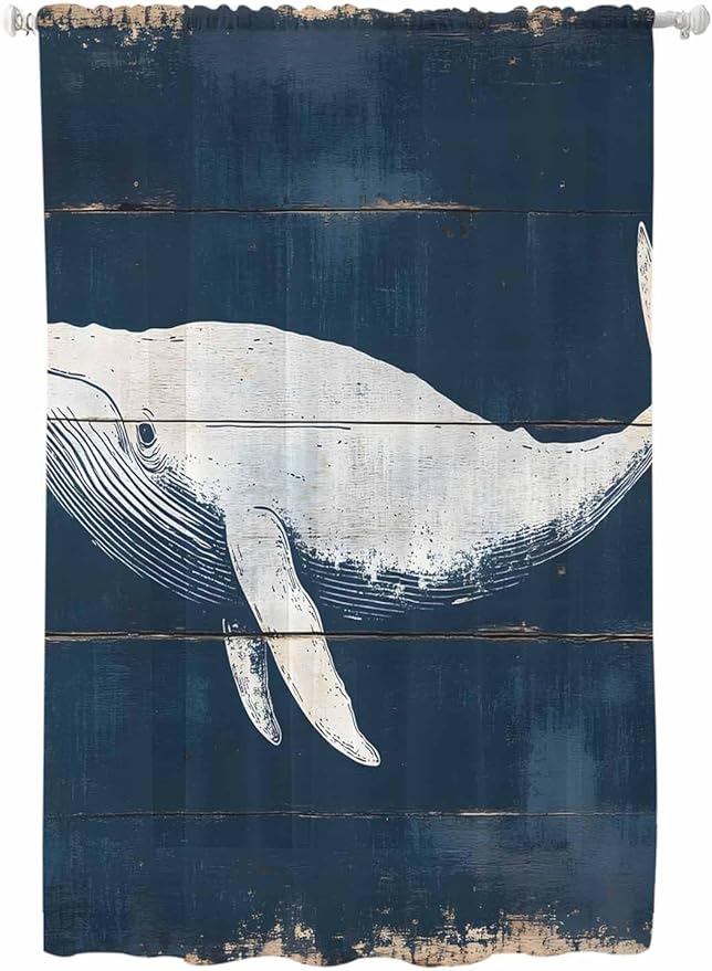 Sheer Curtains 63 Inch Length, Ocean Whale Blue Semi Sheer Curtains Light Filtering Window Treatment, Watercolor Coastal Vintage Wood Grain Privacy Voile Drapes for Living Room Bedroom 52x63 Inch