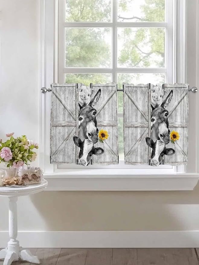 Grey Farmhouse Half Window Curtain 36 Inches Long, Vintage Sunflowers Animals Printed Window Treatment Curtain Drapes, Small Tier Curtains for Bathroom Over Sink, 27.5"x36", 2 Panels