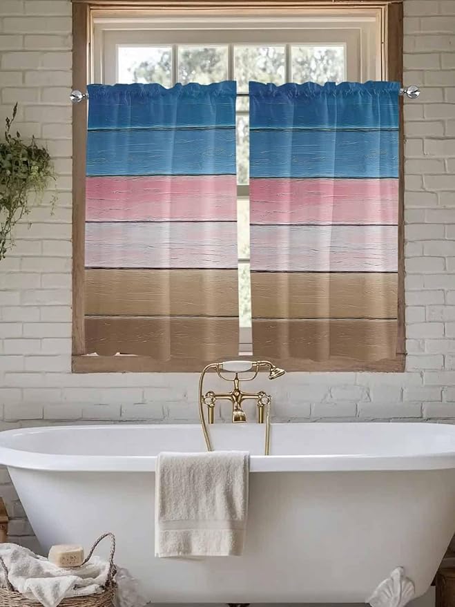 Blue Pink Brown Gradient Wood Grain Window Valance Curtains, Vintage Wood Board Light Filtering Kitchen Valance with 3-inch Rod Pocket for Living Room Bathroom Bedroom,2 Panel,52x54In