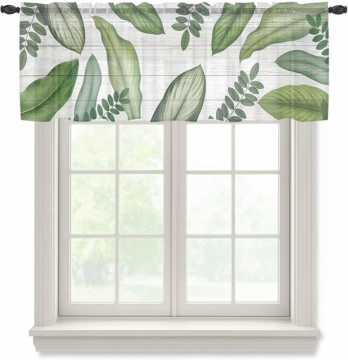 Summer Palm Leaf Sheer Valance Curtains, Green Tropical Plants Nature Leaves Wood Grain Light Filtering Kitchen Valances Rod Pocket Voile Curtain Treatment for Bedroom/Living Room/Basement 42Wx12L